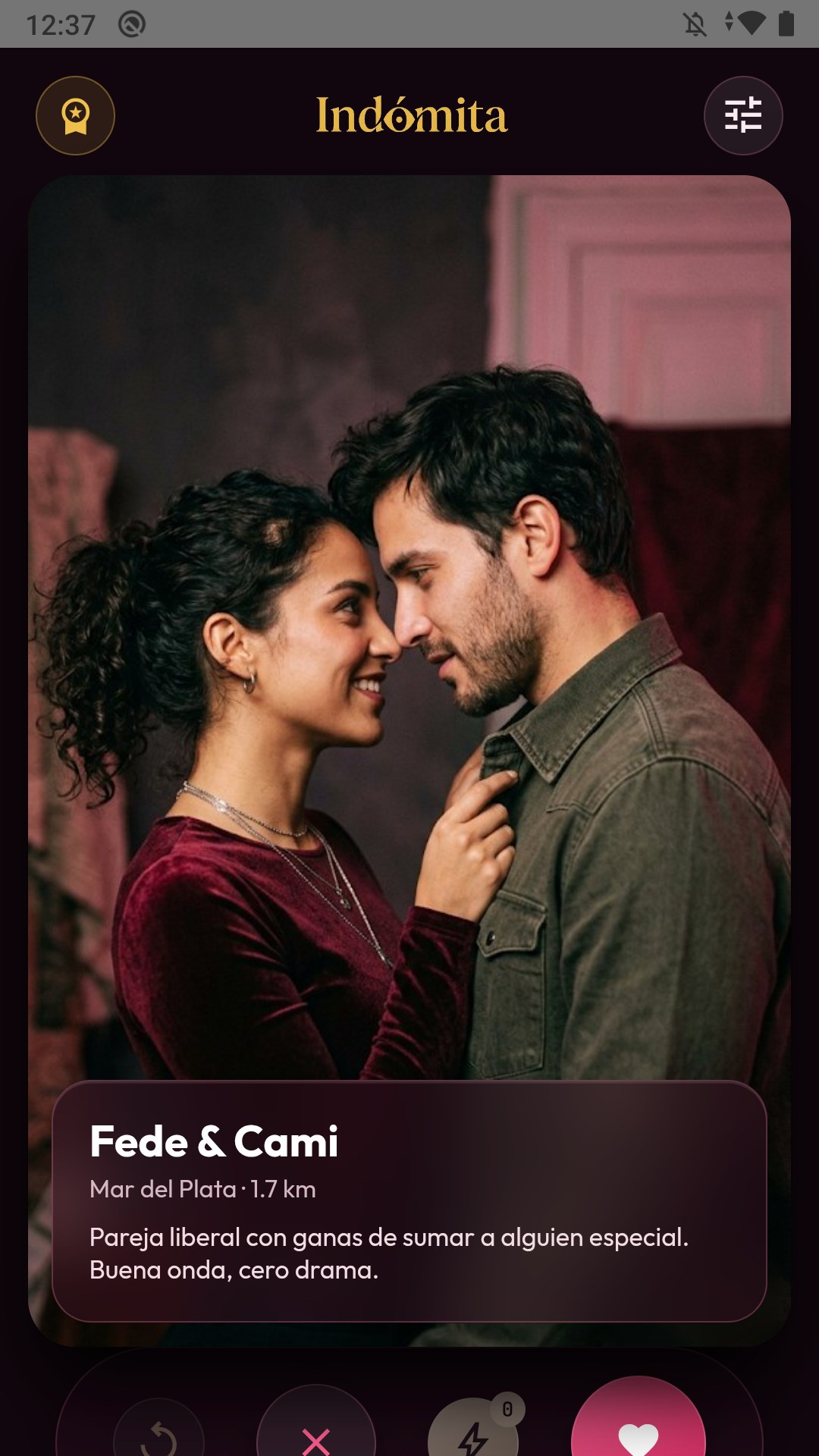 Pantalla de Indómita mostrando el perfil de Fede y Cami